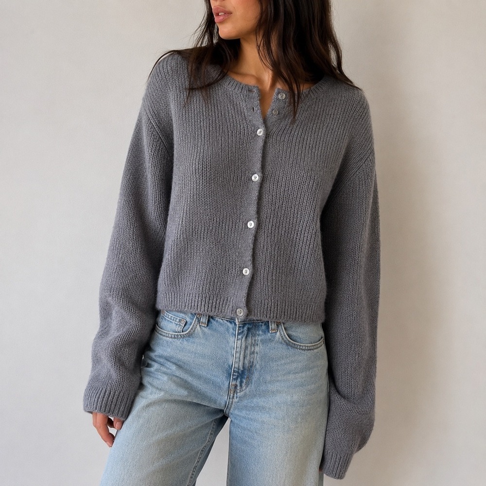Nia Gray Cardigan Button Front Knit Plus Size 1X Minimalist Coastal Grandma